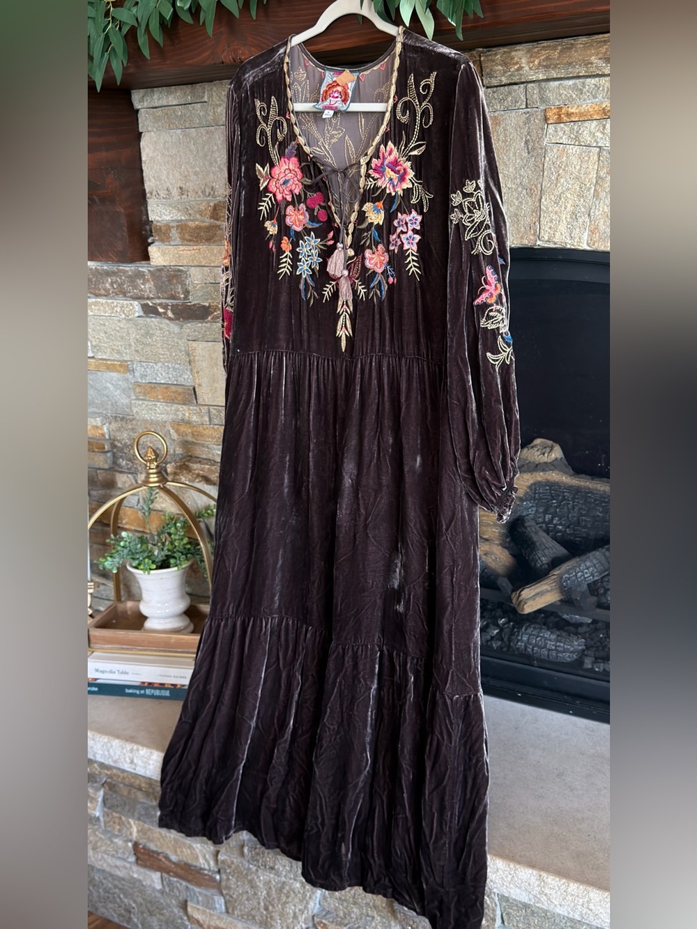 Johnny Was Embroidered Velvet Maxi Dress -  Brown